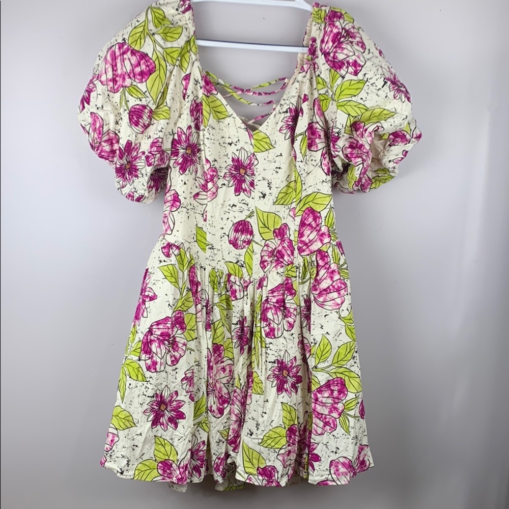 11 Honore floral Pink and Green Puff Sleeve Mini Sundress